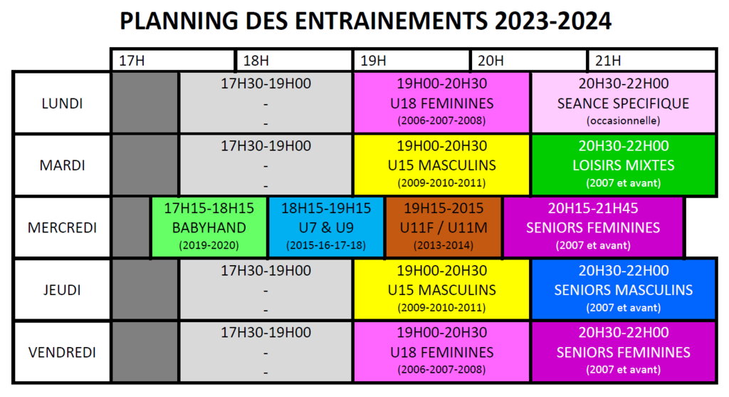 Planning des entrainements 2023-2024